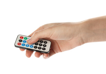 Woman holding remote control on white background, closeup