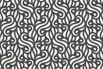 Seamless linear pattern with thin curl lines and scrolls. Monochrome stilized abstract floral pattern. Decorative lattice. Stylish swatch for design.
