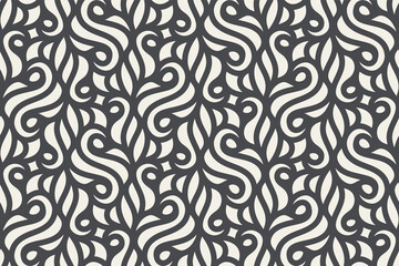Seamless linear pattern with thin curl lines and scrolls. Monochrome stilized abstract floral pattern. Decorative lattice. Stylish swatch for design.