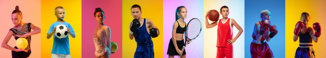 Collage made of different little sportsmen portraits isolated on multicolored background in neon...