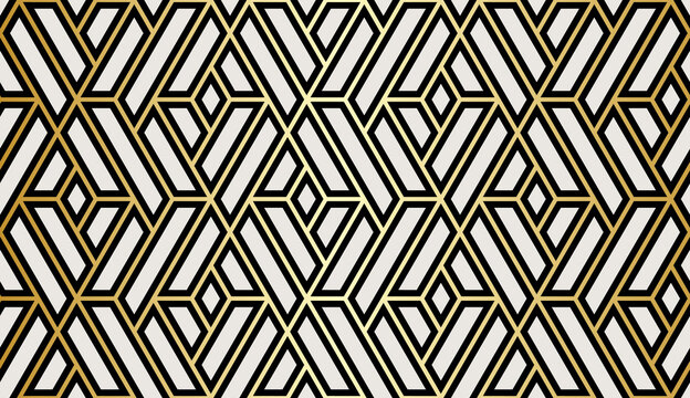 Pattern with with stripes, poligons and hexagonal elements. Trendy design with golden geometric shapes. Stylish seamless print, Repeating abstract background. Mosaic texture, decorative lattice.