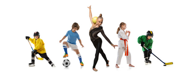 Kids sport collage. Little sportsmen. Hockey players, karate and gymnast posing isolated on white...