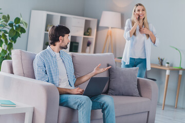 Photo of couple in love family business quarantine concept wear casual outfit in comfortable home indoors