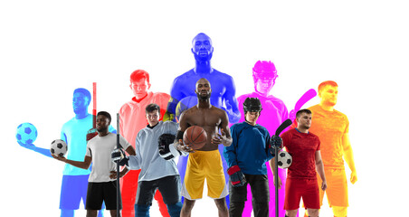 Sport collage. Hockey, soccer football and basketball players standing together like sport team...