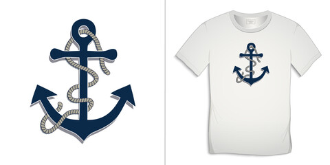Print on t-shirt marine graphics design, anchor icon with rope, white background vector