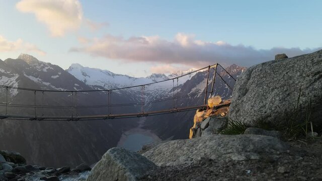 A suspension bridge in the Alps of Austria. Olperer