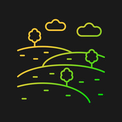 Hills gradient vector icon for dark theme. Natural elevation. Raised land formation. Medium height mountain. Thin line color symbol. Modern style pictogram. Vector isolated outline drawing