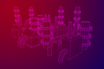 Industrial building factorie facilitie power plant with chimneys. Wireframe low poly mesh vector illustration.