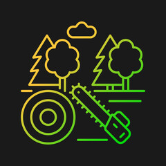 Working forest gradient vector icon for dark theme. Tree cutting industrial area. Timber industry. Forestry business. Thin line color symbol. Modern style pictogram. Vector isolated outline drawing