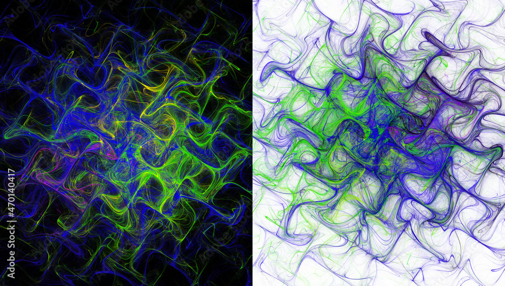 Poster green and blue swirls of smoke take the form of a lattice on white and black backgrounds. two abstra