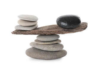 Stack of stones with tree branch on white background. Harmony and balance concept