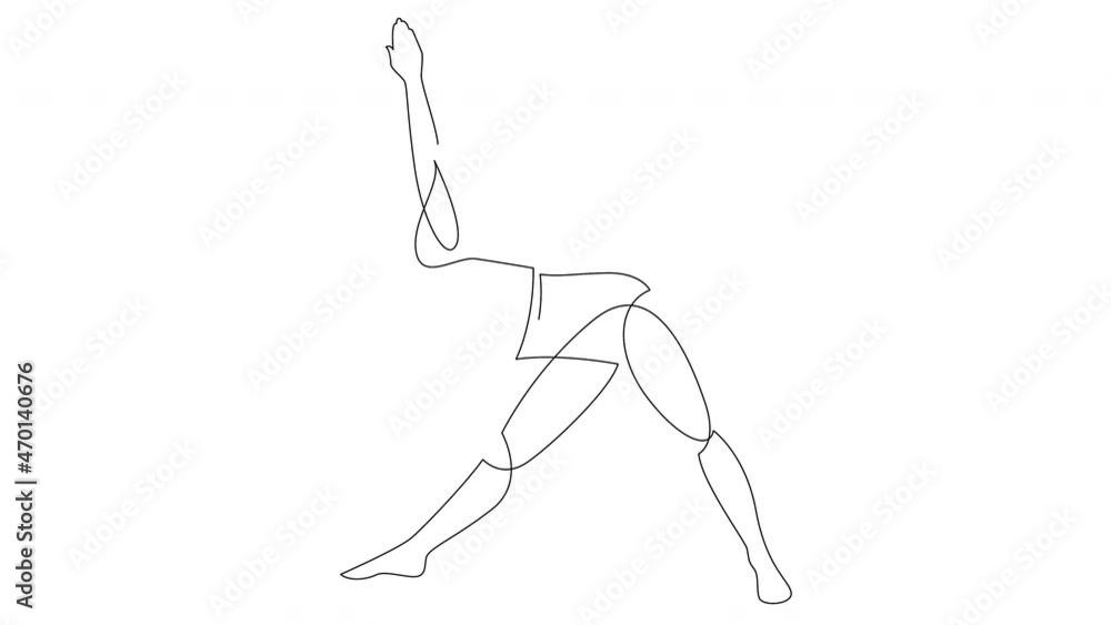 Poster self-drawing simple animation of continuous one line of woman doing exercise yoga triangle pose. dra