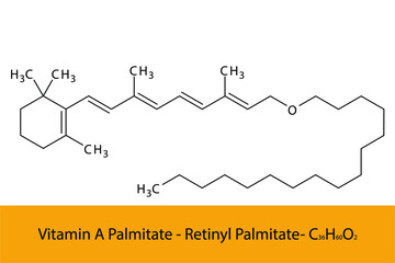 Retinyl palmitate Skeletal structure and molecular formula. Organic biomolecule, isolated vector illustration