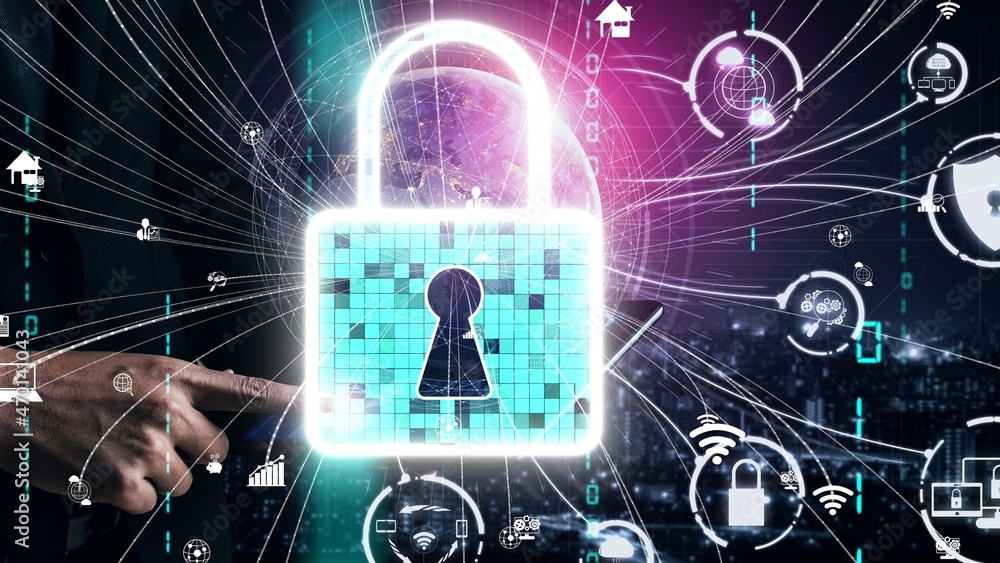 Poster cyber security encryption technology to protect data privacy conceptual . 3d render computer graphic