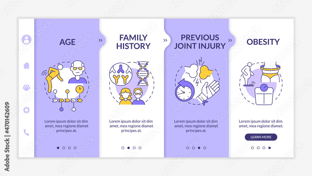 Poster arthritis development factors onboarding vector template. responsive mobile website with icons. web 