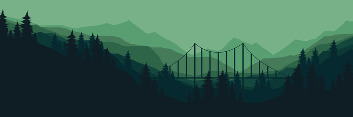 suspension bridge in middle of forest landscape vector illustration good for web banner, background, backdrop, wallpaper, design template, and tourism design