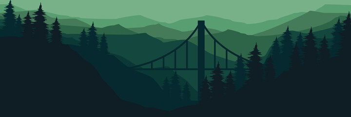 suspension bridge in middle of forest landscape vector illustration good for web banner, background, backdrop, wallpaper, design template, and tourism design