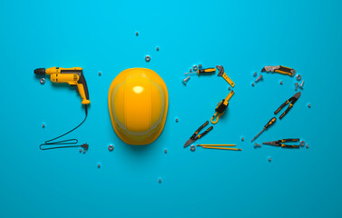"2022" made from a set of construction tools and a protective helmet on a blue background. Creative 2022 New Year calendar or felicitation template for building and engineering companies. 3D render.