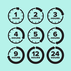 Clock and time. Watch and hours. Set of raster clock icons with time indication. Timer, time period. Elapsed time in hours.