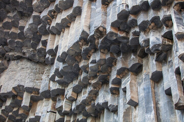 Basalt columnar units and swallow nests. Garni gorge, Armenia.