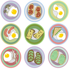 Breakfast with scrambled eggs and sandwiches