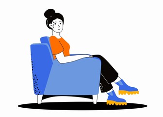 A young girl is sitting in an armchair Home decor Vector illustration
