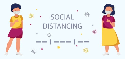 Social distance, keep a distance in society. The distance between children at school and kindergarten.  Stop the spread of the COVID-19 virus. Vector illustrations.