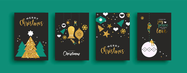 Merry christmas elegant greeting card set. Small people characters playing with holiday ornament baubles made of gold glitter.