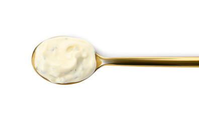 Tartar sauce in spoon isolated on white, top view