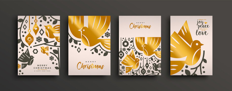 Merry Christmas greeting card set. Gold scandinavian bird animal collection with luxury geometric shapes. Holiday winter design in mid century style.