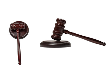 Wooden judge gavel and soundboard isolated on a white background.