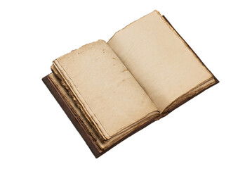 An open empty old notebook isolated on a white background.