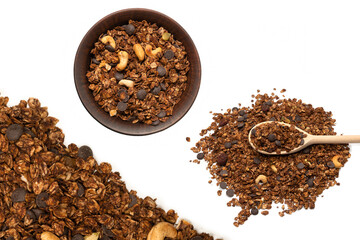 Chocolate granola cereal with nuts in a bowl background.