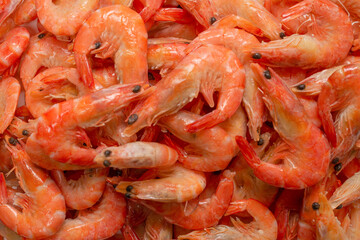 Shrimps background texture. A lot of shrimps. Cooked shrimps.