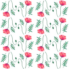 Seamless pattern with red poppy flowers. Watercolor papaver. Green stems and leaves. Hand drawn botanical illustration. On white. Texture for print, fabric, textile, wallpaper.
