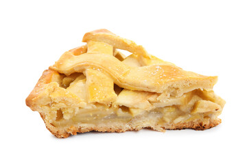 Slice of delicious traditional apple pie isolated on white
