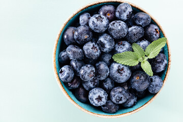 Ripe blueberries with water drops in a bowl on a pastel background,