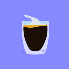 Hot americano in glass cup with double walls on a blue background. Hand drawn illustration
