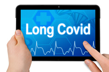 Tablet with medical touchscreen and diagnosis corona-virus Covid-19 and long-covid