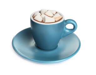 Cup of delicious hot chocolate with marshmallows isolated on white