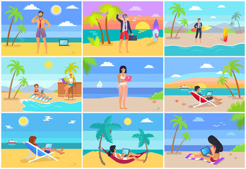Obraz na płótnie Canvas Freelancer summer posters set with man and woman working on laptops in internet, resting on beach at coastline, freelance job concept, women in hammock