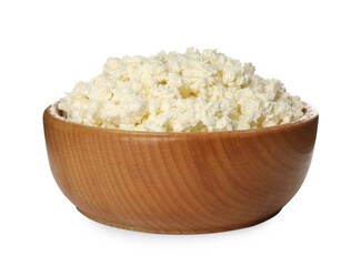Delicious fresh cottage cheese in bowl isolated on white