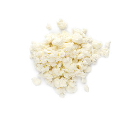 Pile of delicious fresh cottage cheese on white background, top view