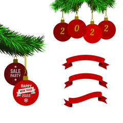 Happy new year greeting card design elements, ribbon with christmas balls with 2022 year numbers, Merry Christmas and Happy New Year, isolated vector graphic illustration.
