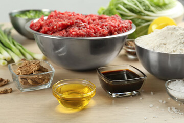 Composition with ingredients for gyoza on wooden table