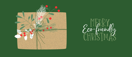 Fototapeta na wymiar Merry Christmas green recycled paper gift card