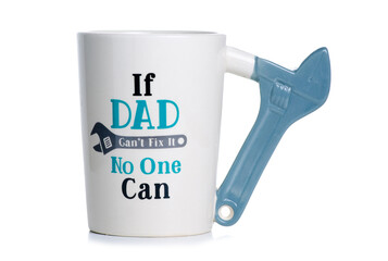 Dads cup mug with adjustable wrench on white background isolation