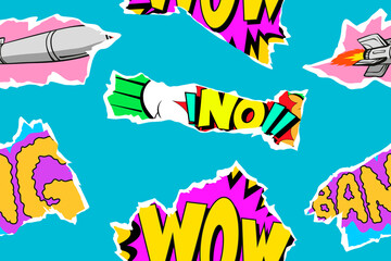 Seamless pattern pop art comics style. Collage of torn pieces from comic magazine. Creative art design backgrounds. Vector illustration. 