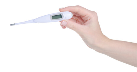 Medical digital electronic thermometer in hand on white background isolation