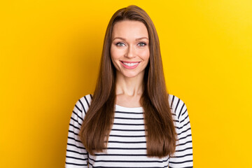 Photo of cool brunette millennial lady wear white sweater isolated on yellow color background